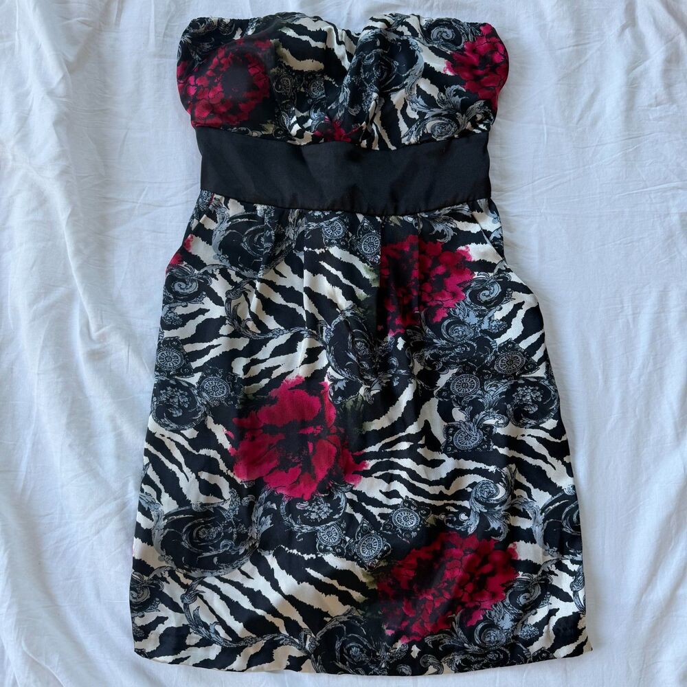 Y2k Strapless Homecoming Mini Dress Black Red Zebra Floral Print - S